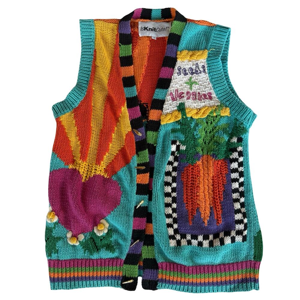 Vintage IsKnitCute! Spring Garden Rabbit Multicolor Knit Vest Womens Plus Size 2